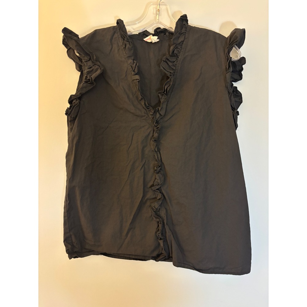 BiBi Ruffle Trim Sleeveless Blouse Women Black V-Neck Cotton Top